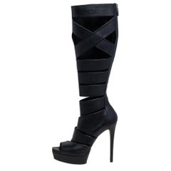 Gucci Black Leather Helena Gladiator Platform Knee High Boots Size 37.5