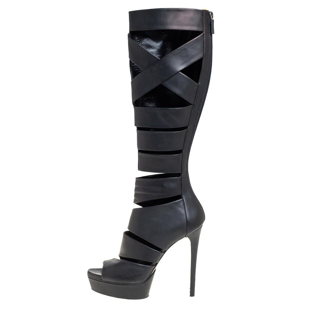 Women's Gucci Black Leather Helena Gladiator Platform Knee High Boots Size 38