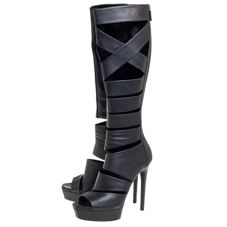 Gucci Black Leather Helena Gladiator Platform Knee High Boots Size 38 ...
