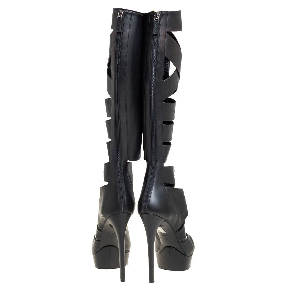 Gucci Black Leather Helena Gladiator Platform Knee High Boots Size 38 2