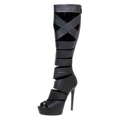 Gucci Black Leather Helena Gladiator Platform Knee High Boots Size 38