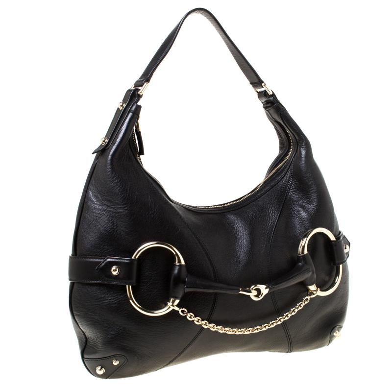 Gucci Black Leather Heritage Horsebit Hobo In Good Condition In Dubai, Al Qouz 2