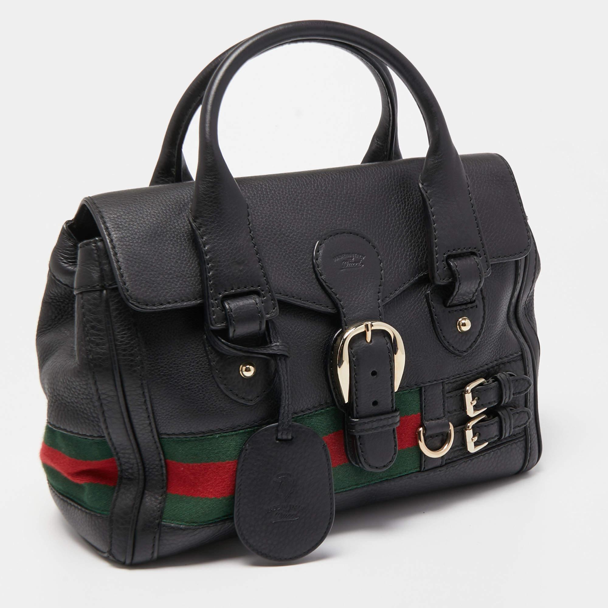 Women's Gucci Black Leather Heritage Web Satchel