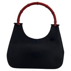 Gucci Black Leather Hobo Bag with Red Bamboo Handle Handbag