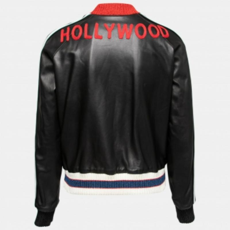 Gucci - Blouson bombardier en cuir noir brodé Hollywood M Bon état - En vente à Dubai, Al Qouz 2