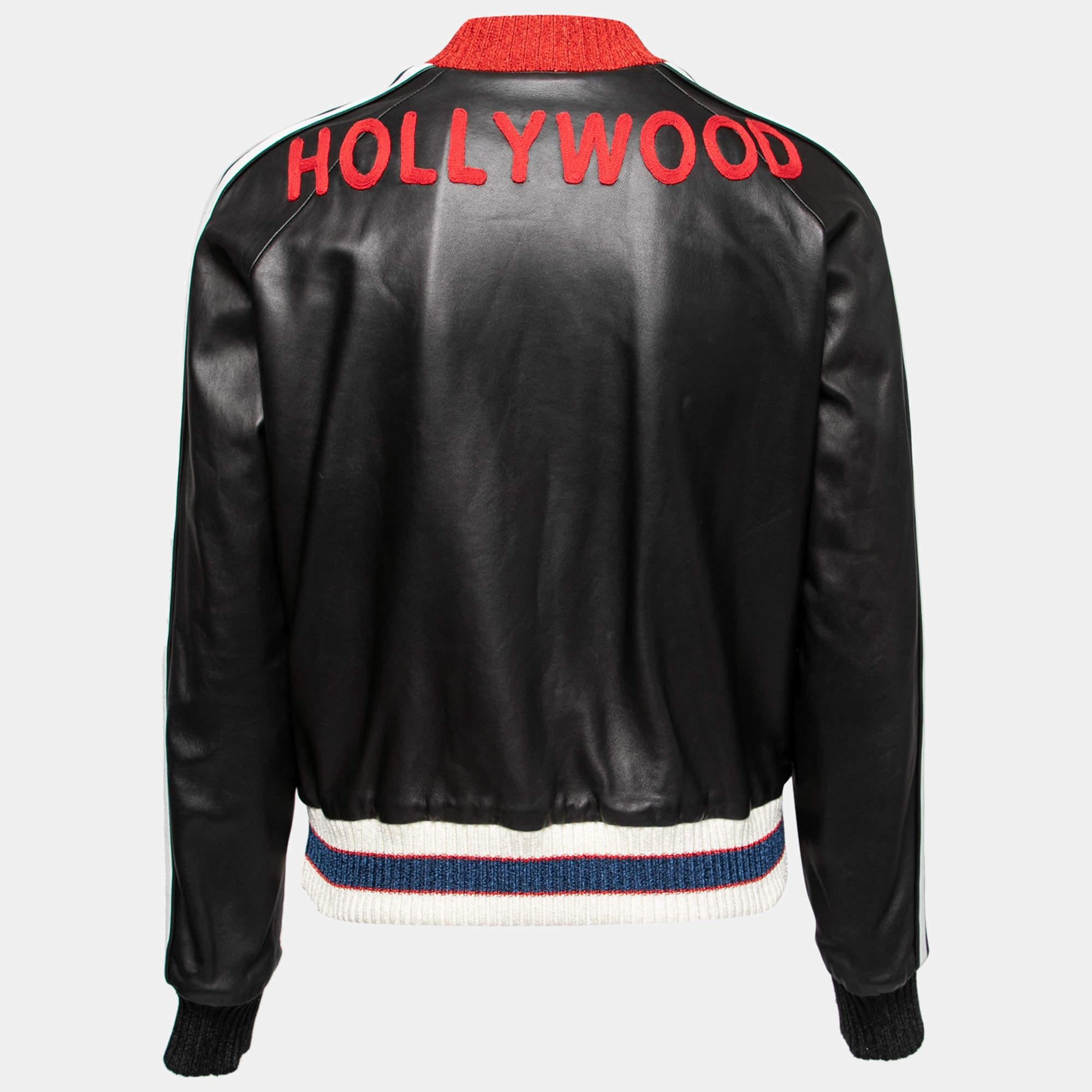 Women's Gucci Black Leather Hollywood Embroidered Bomber Jacket M