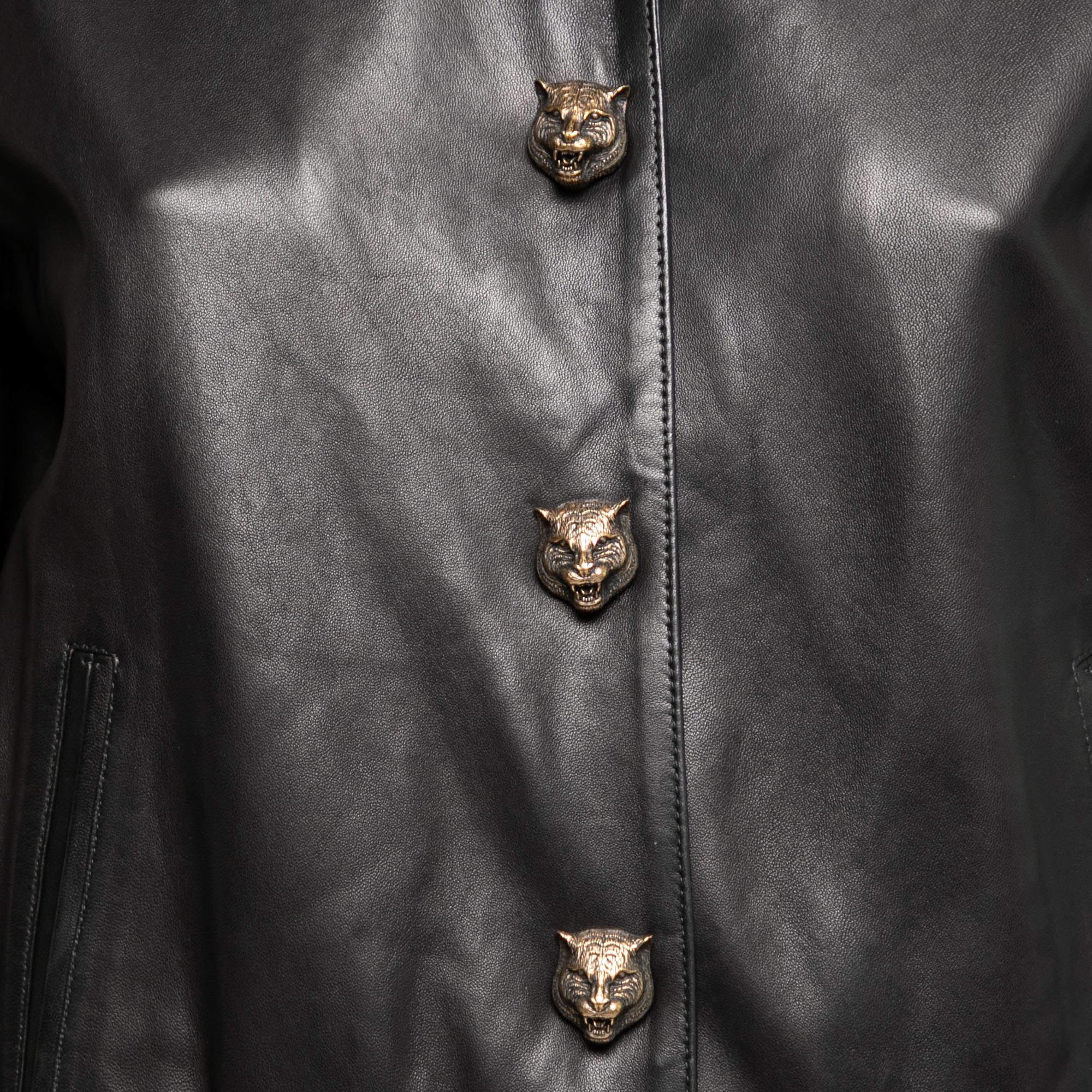 Gucci - Blouson bombardier en cuir noir brodé Hollywood M en vente 1