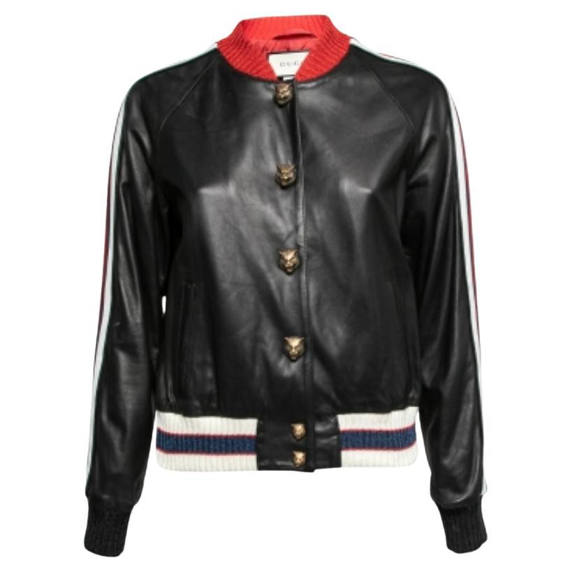 Gucci - Blouson bombardier en cuir noir brodé Hollywood M