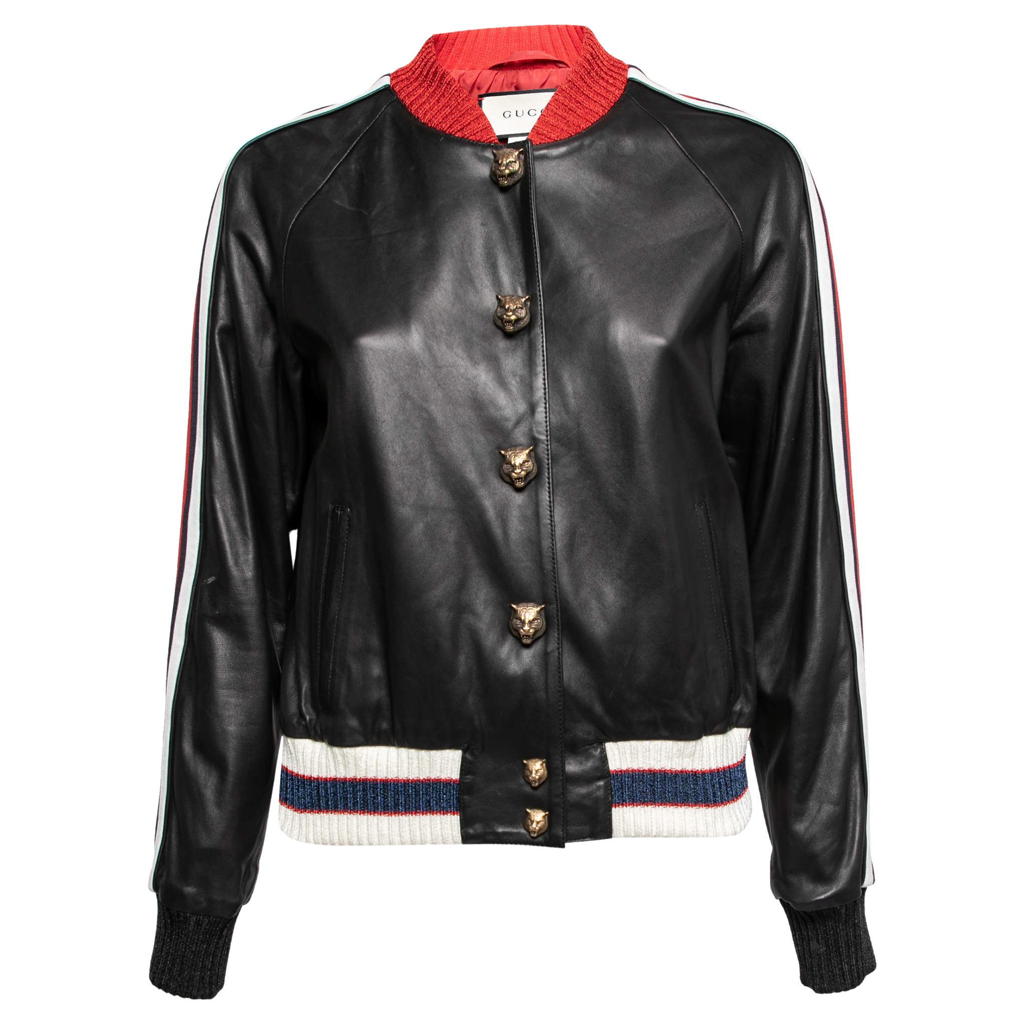 Gucci Black Leather Hollywood Embroidered Bomber Jacket M For Sale