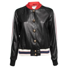 Gucci Black Leather Hollywood Embroidered Bomber Jacket M