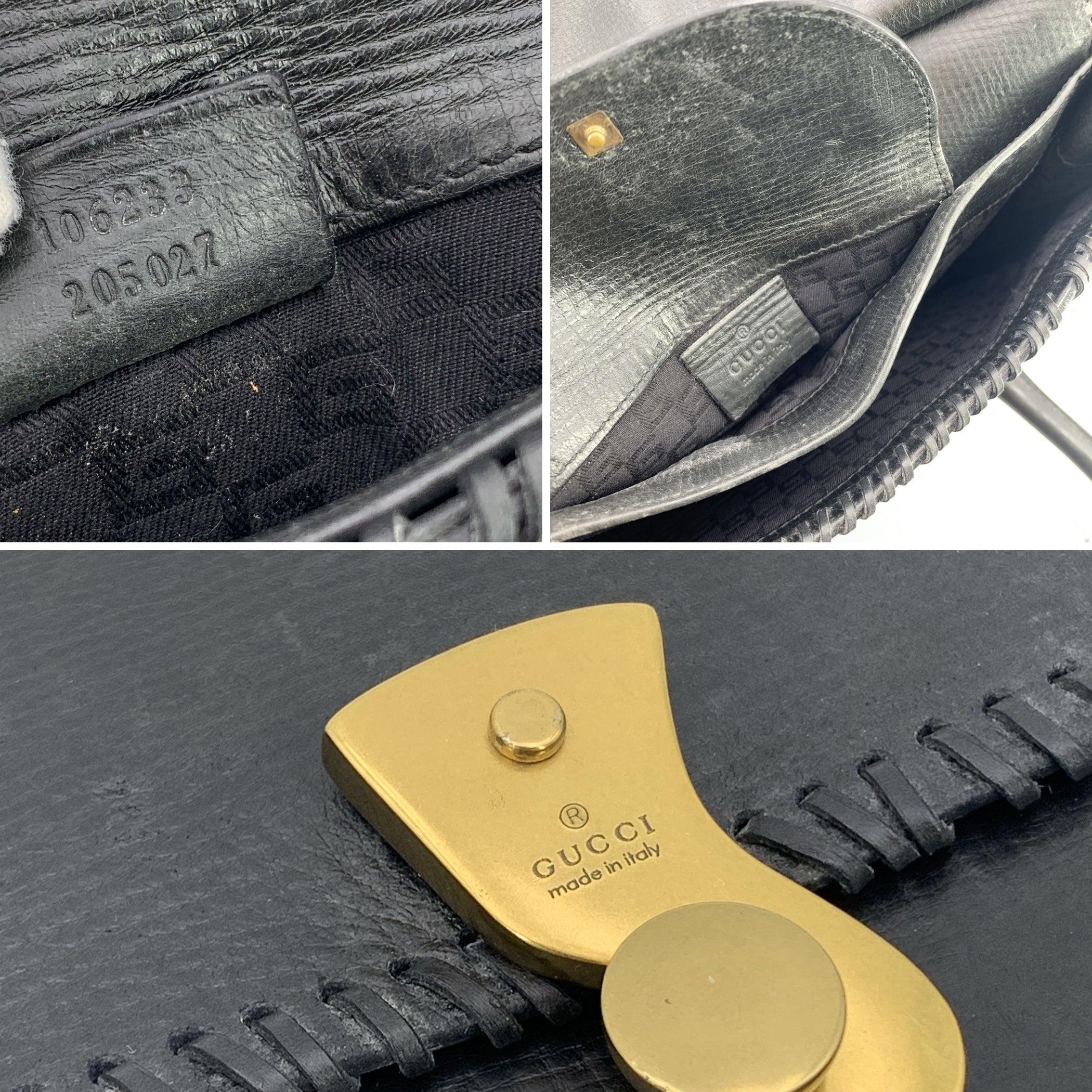 Gucci Schwarz Leder Hakenverschluss Peitschenstich Satchel Handtasche im Angebot 3