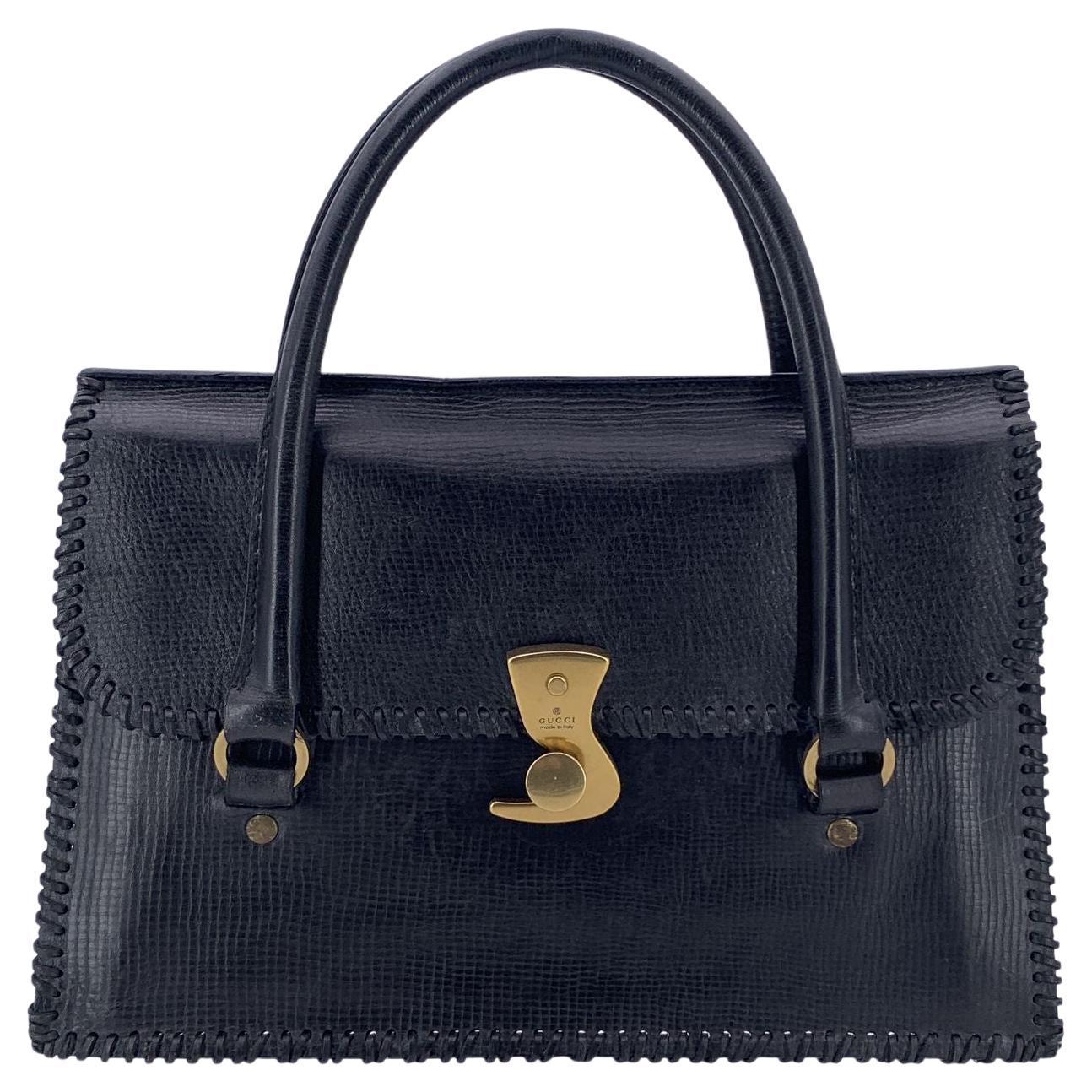 Gucci Black Leather Hook Closure Whipstitched Satchel Handbag