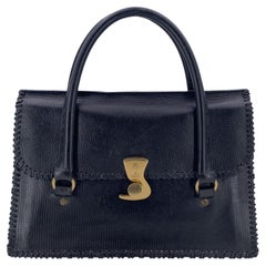 Gucci Schwarz Leder Hakenverschluss Peitschenstich Satchel Handtasche