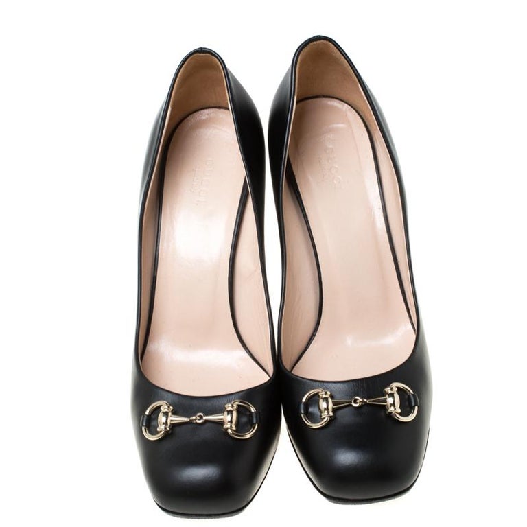 Gucci Black Leather Horsbit Block Heel Pumps Size 41 For Sale at 1stDibs
