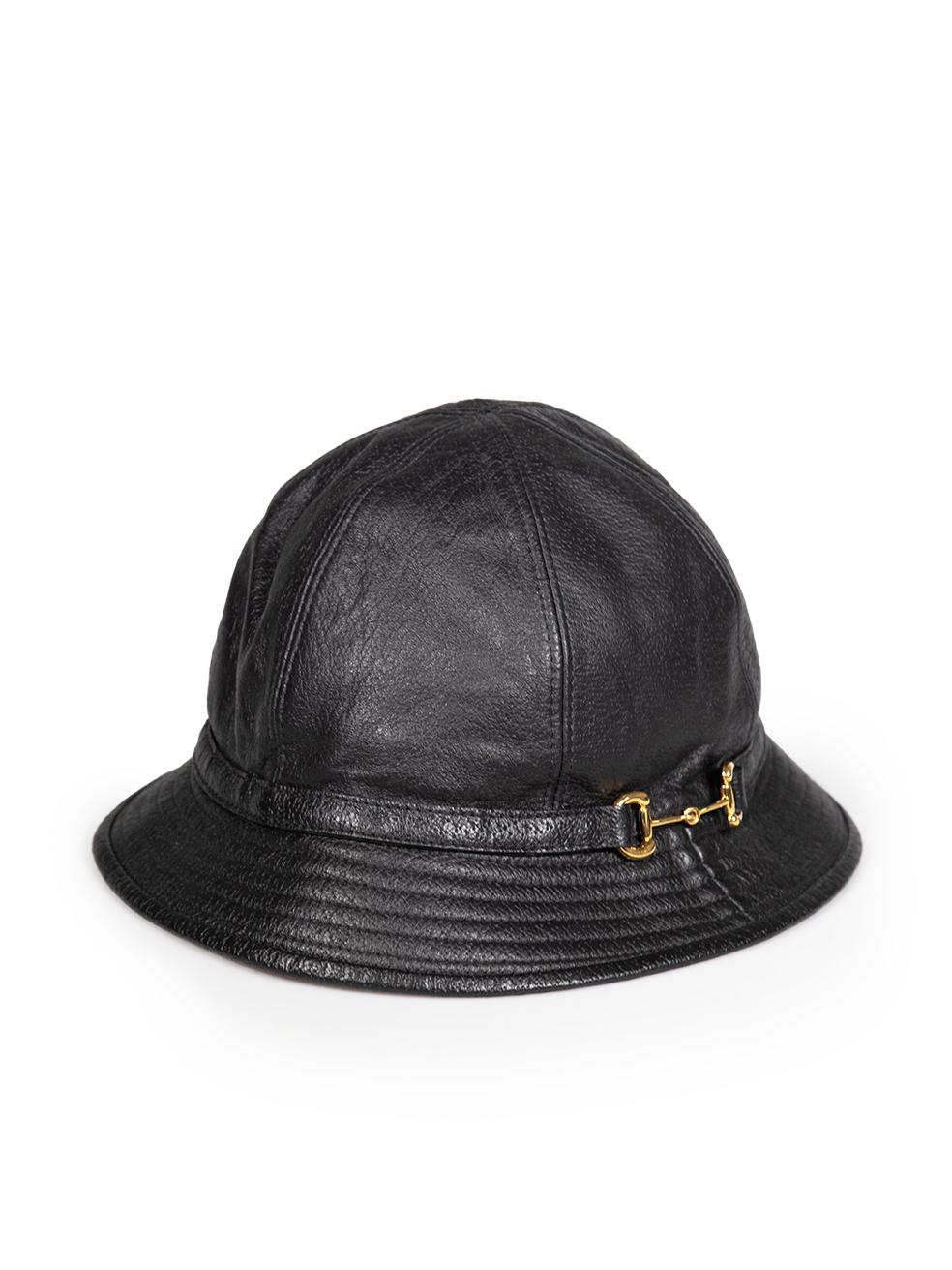 CONDITION is Very good. Hardly any visible wear to hat is evident on this used Gucci designer resale item.
 
 Details
 Black
 Leather
 Bucket hat
 Side gold horsebit detail
 
 
 Made in Italy
 
 Composition
 100% Leather
 
 Size & Fit
 Product