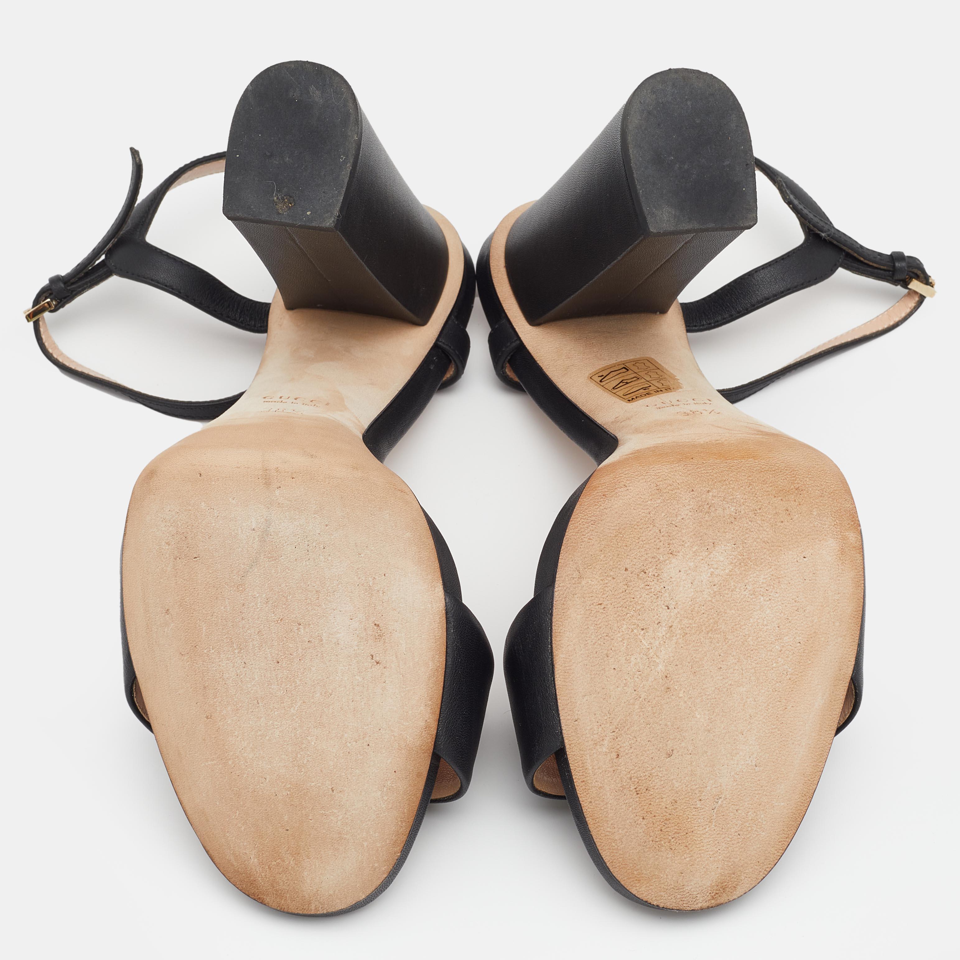 Gucci Black Leather Horsebit Ankle Strap Block Heel Sandals Size 38.5 6