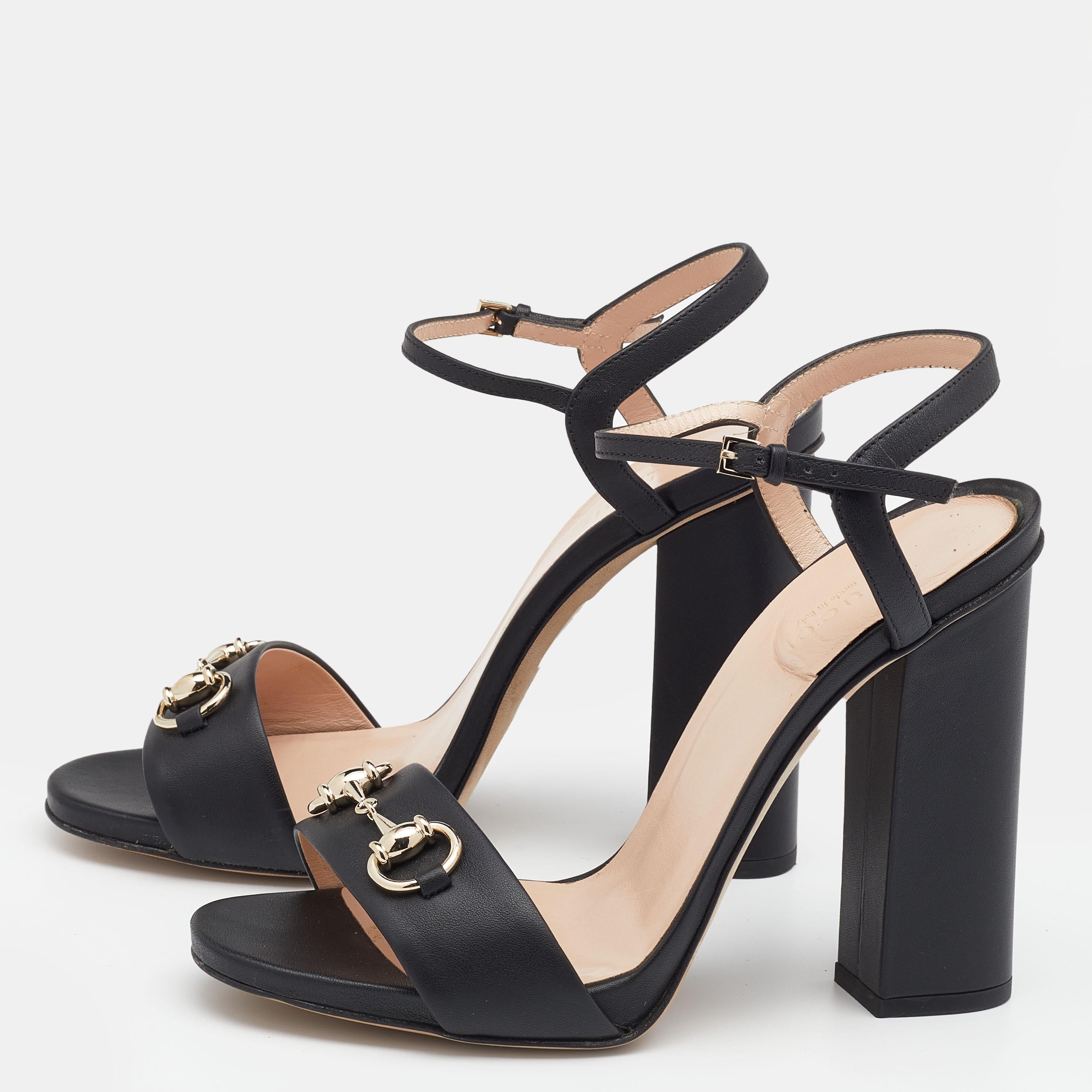 Women's Gucci Black Leather Horsebit Ankle Strap Block Heel Sandals Size 38.5