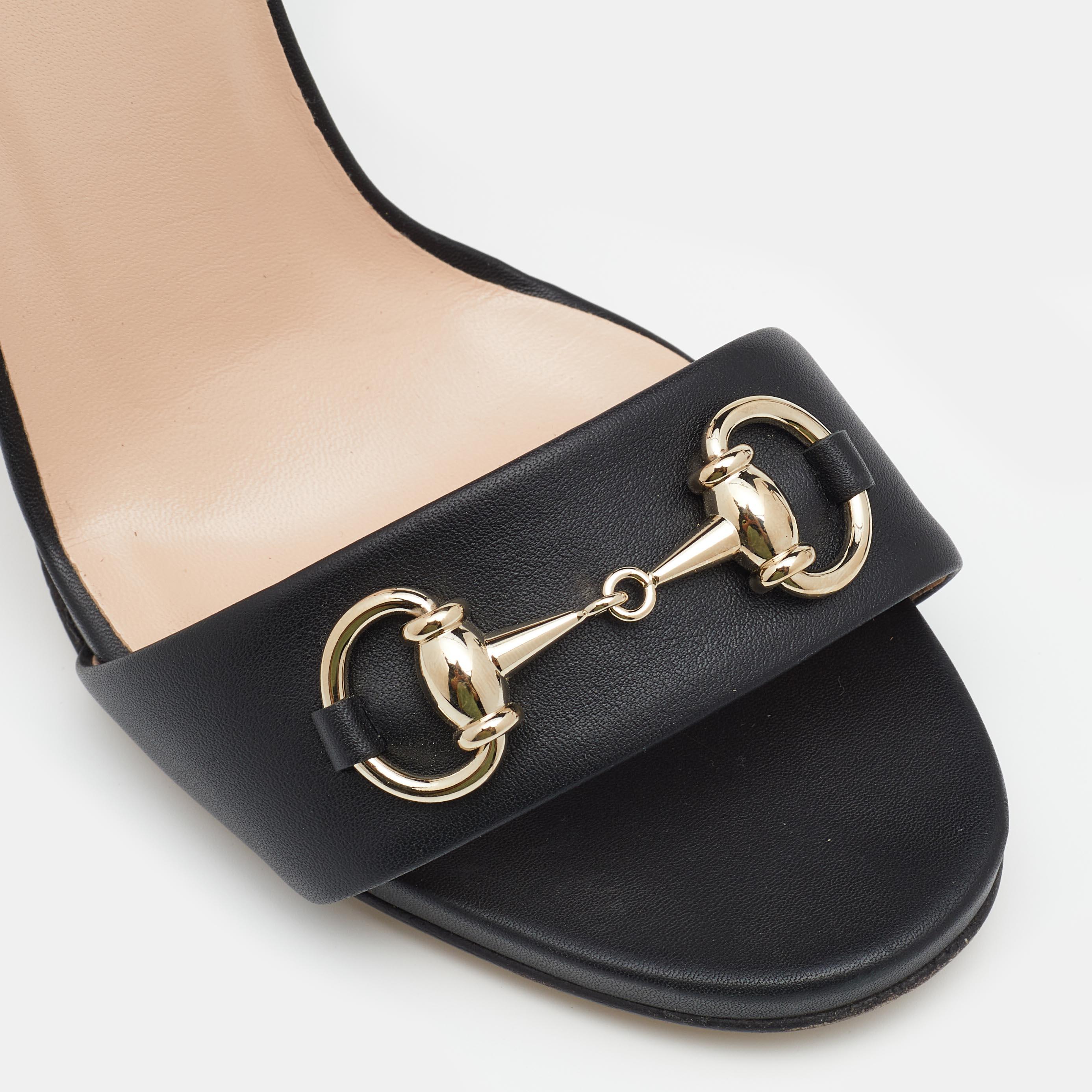 Gucci Black Leather Horsebit Ankle Strap Block Heel Sandals Size 38.5 2