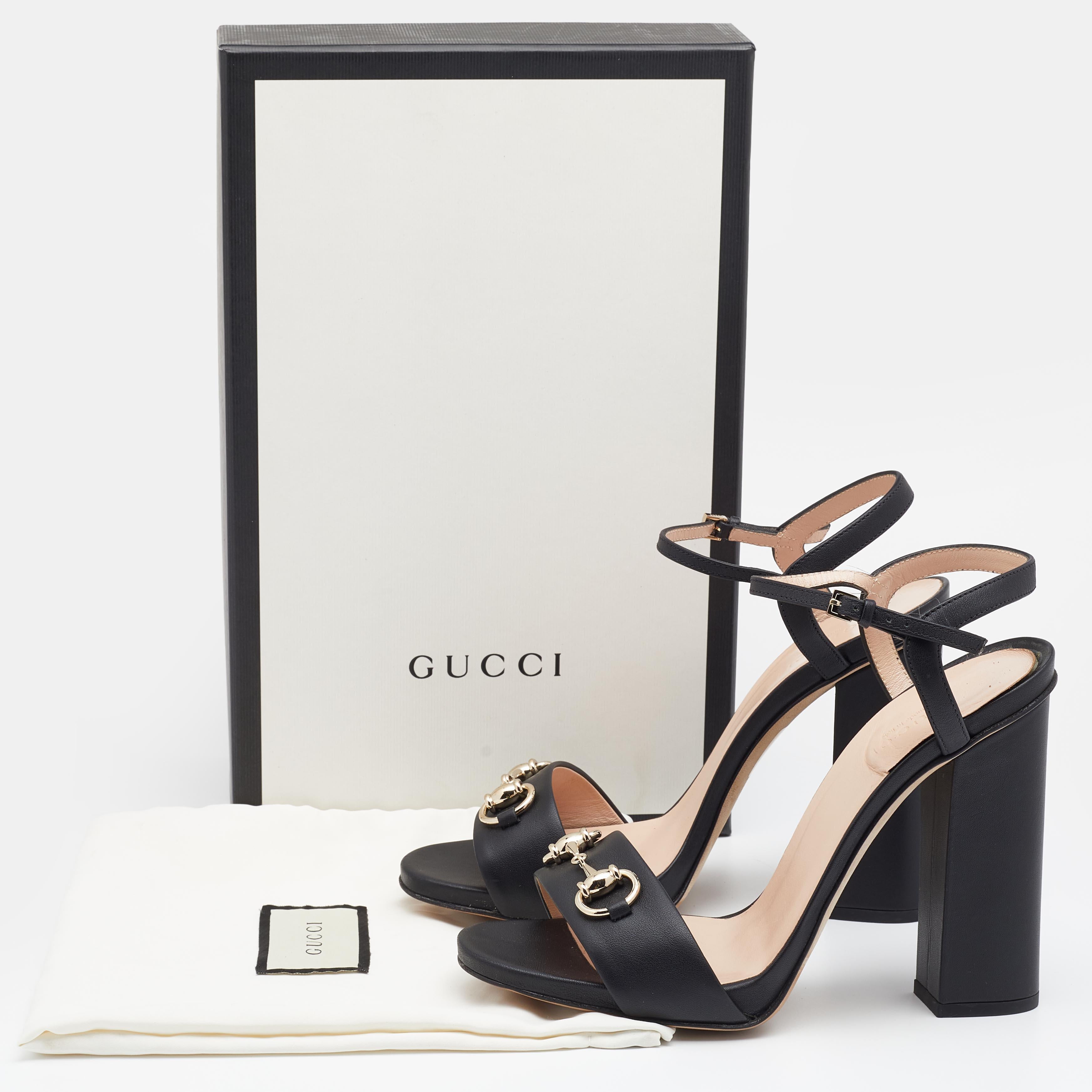 Gucci Black Leather Horsebit Ankle Strap Block Heel Sandals Size 38.5 5