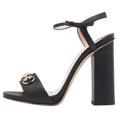 Gucci Black Leather Horsebit Ankle Strap Block Heel Sandals Size 38.5