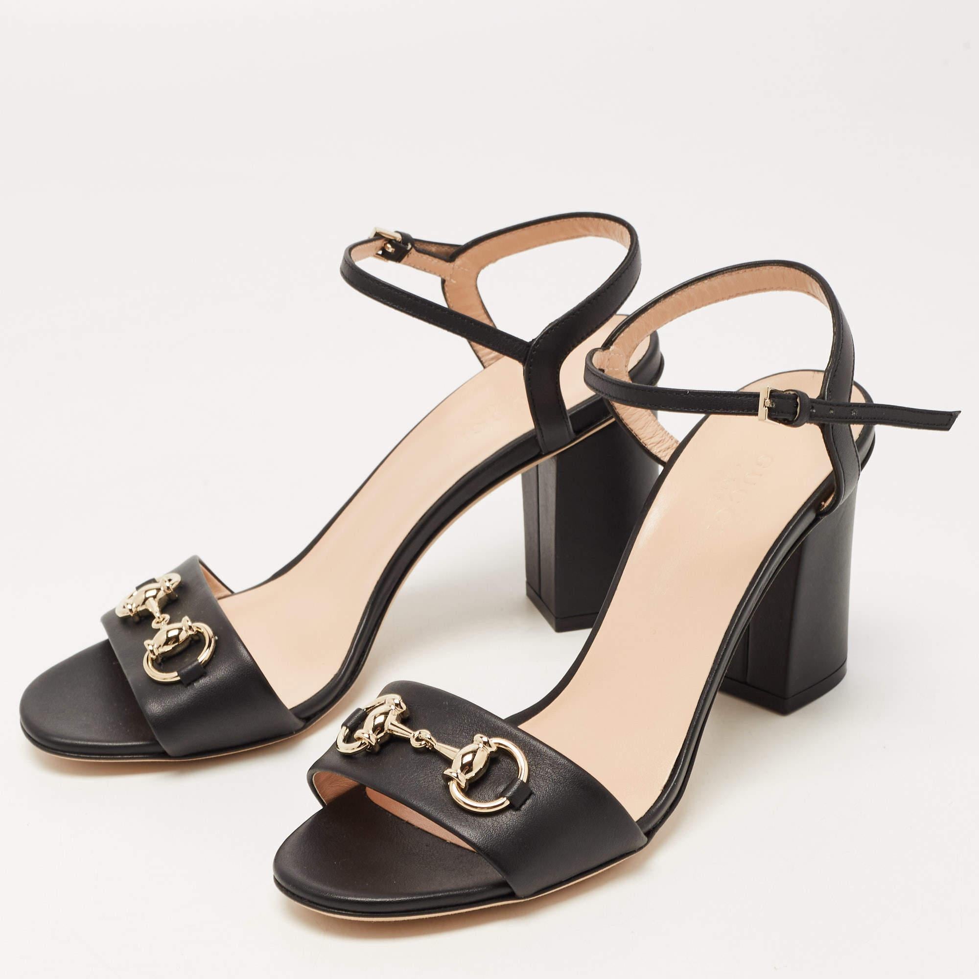 Women's Gucci Black Leather Horsebit Ankle Strap Sandals Size 36.5