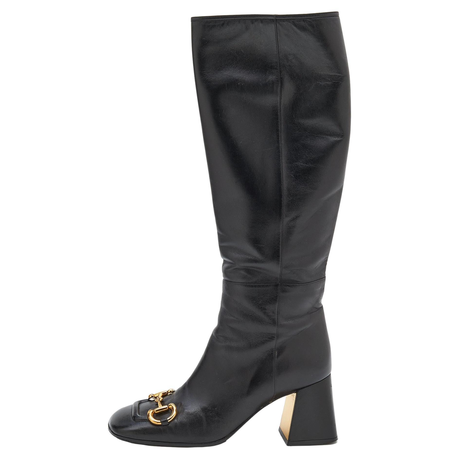 Gucci Black Leather Horsebit Block Heel Knee Length Boots Size 38.5