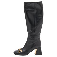 Gucci Black Leather Horsebit Block Heel Knee Length Boots Size 38.5