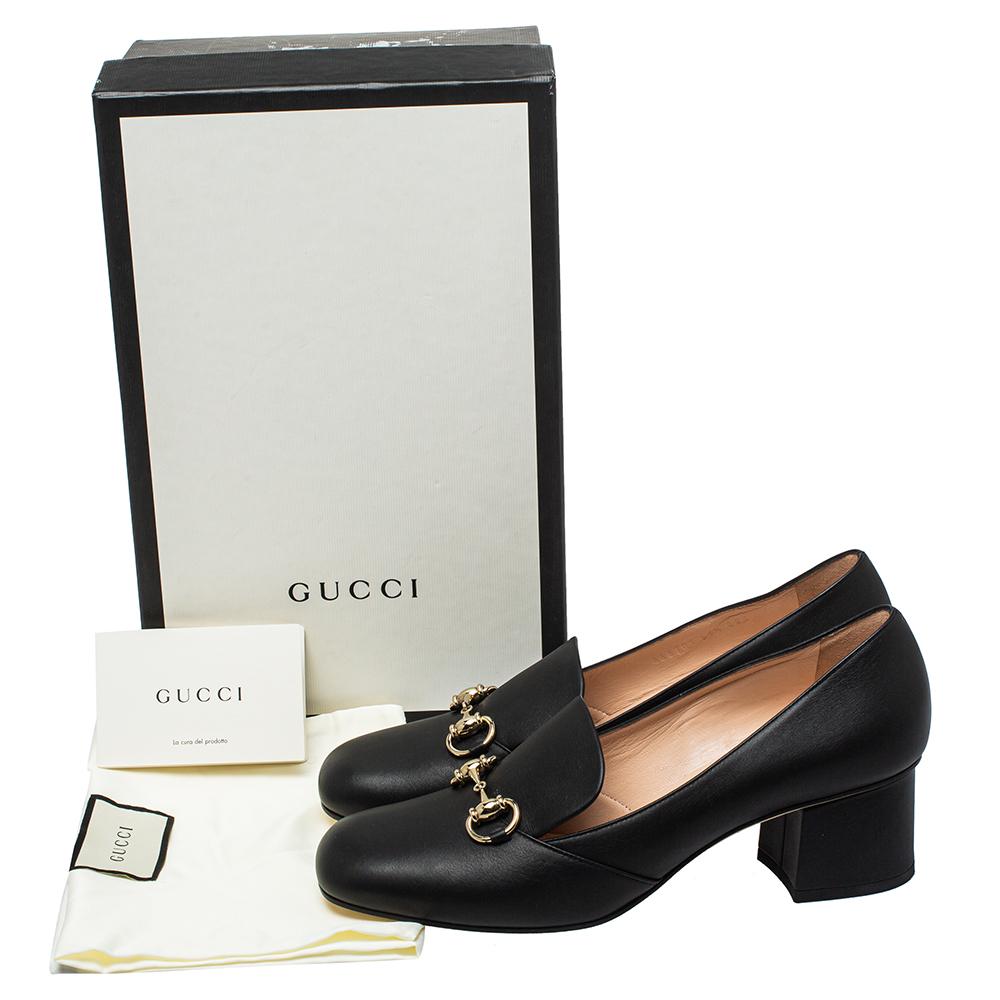 Gucci Black Leather Horsebit Block Heel Loafer Pumps Size 39.5 2