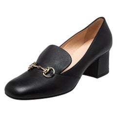 Gucci Black Leather Horsebit Block Heel Loafer Pumps Size 39.5