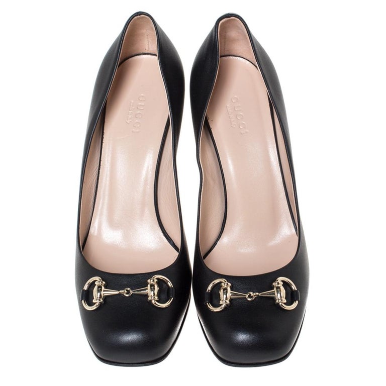 Gucci Black Leather Horsebit Block Heel Pumps Size 37.5 at 1stDibs