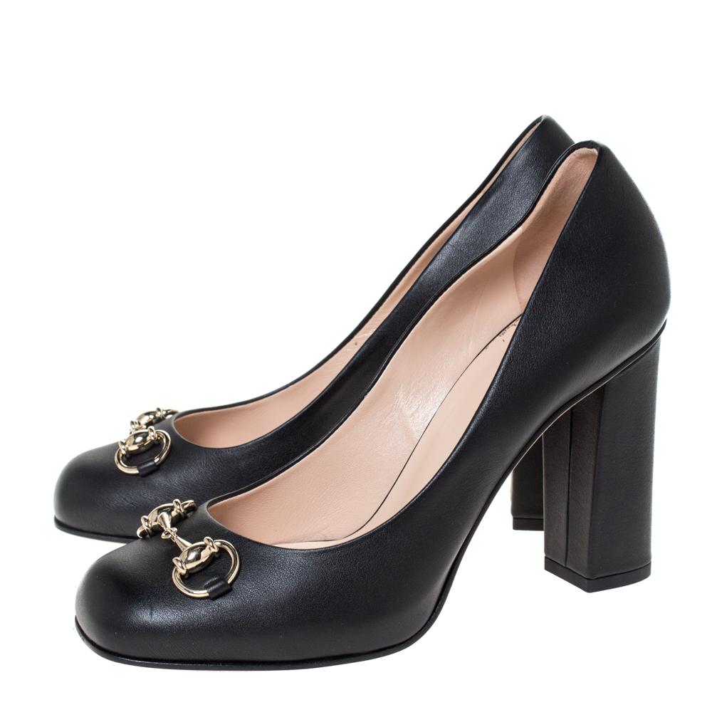 Women's Gucci Black Leather Horsebit Block Heel Pumps Size 37.5