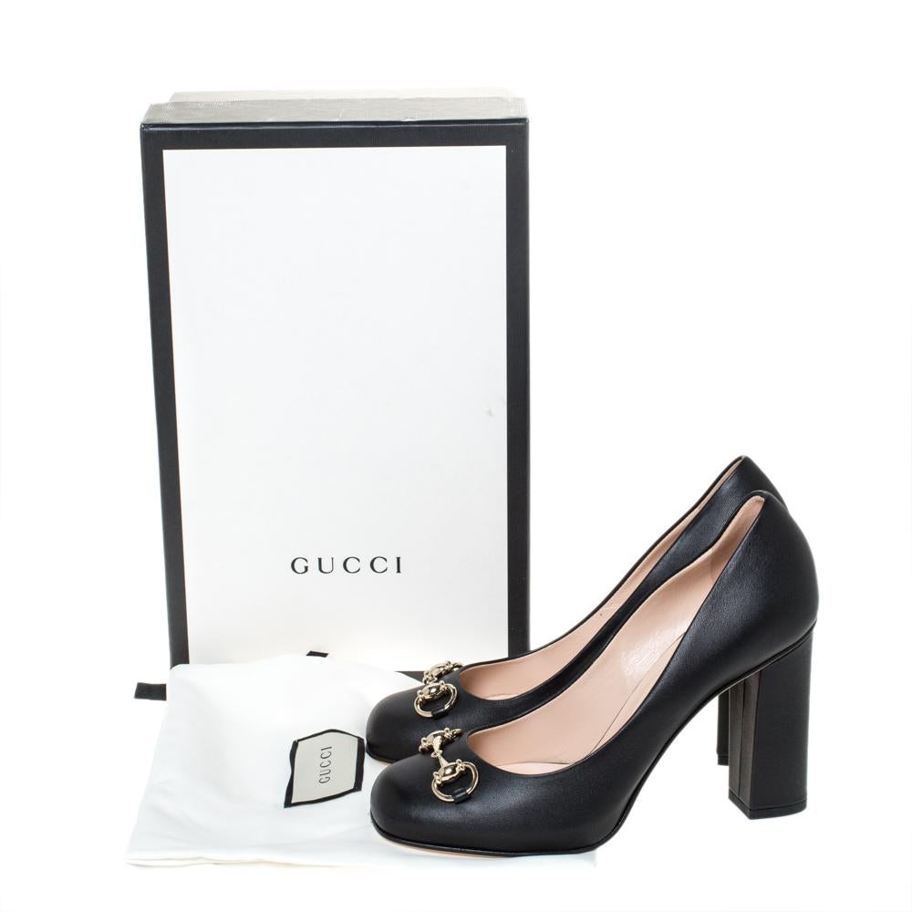 Gucci Black Leather Horsebit Block Heel Pumps Size 37.5 2