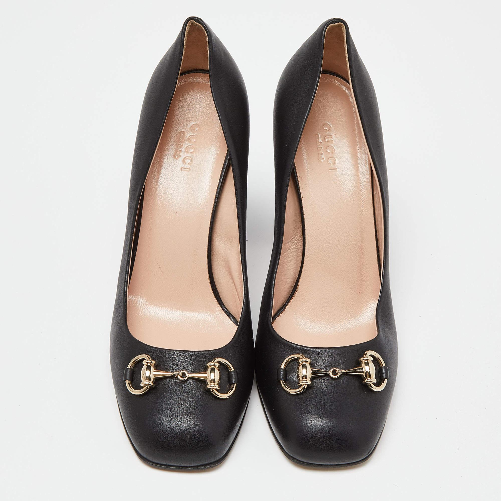 Grace and poise will all come naturally to you when you step out in this pair of pumps from Gucci. Crafted from black leather, the square-toe pumps have been styled with 10cm block heels and the iconic Horsebit detail on the uppers. They are