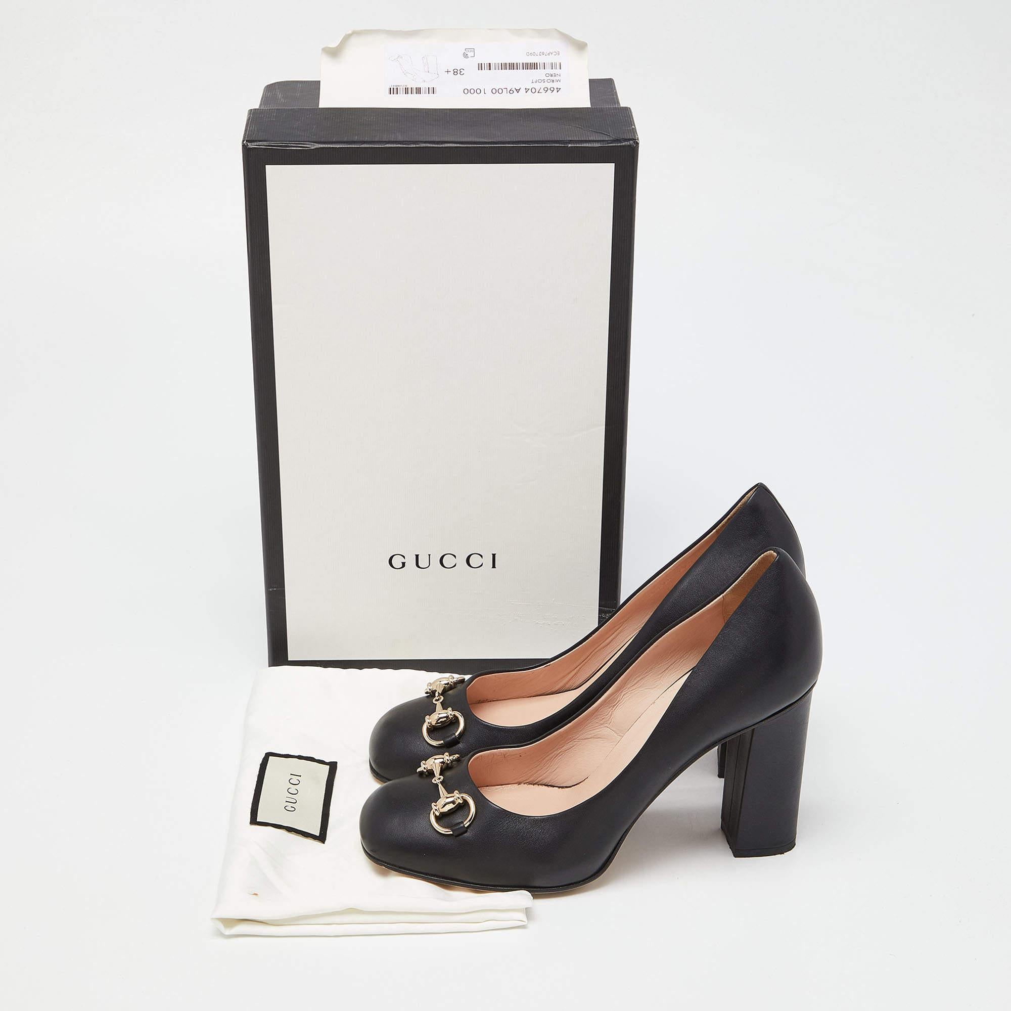 Gucci Black Leather Horsebit Block Heel Pumps Size 38.5 For Sale 4