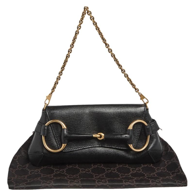 Gucci Black Leather Horsebit Chain Clutch 6