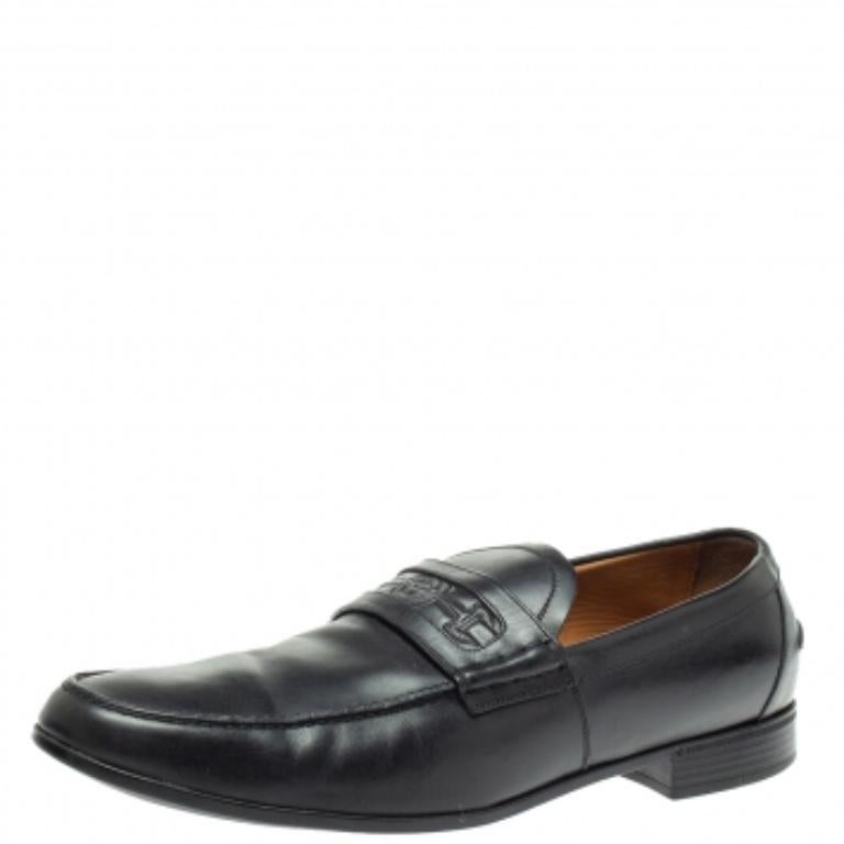Gucci Black Leather Horsebit Embossed Slip On Loafers Size 43.5 For Sale 1
