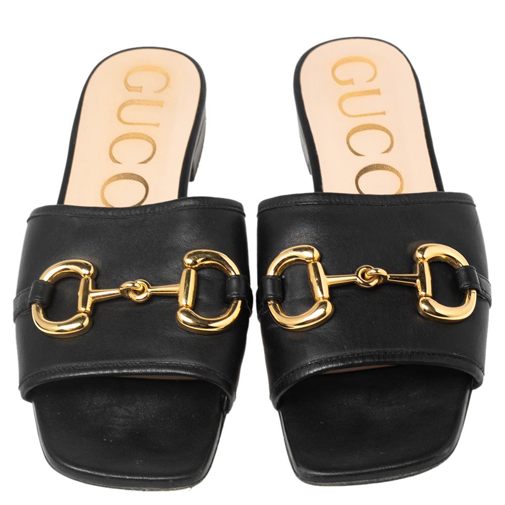 Gucci Black Leather Horsebit Flat Sandals Size 37 1