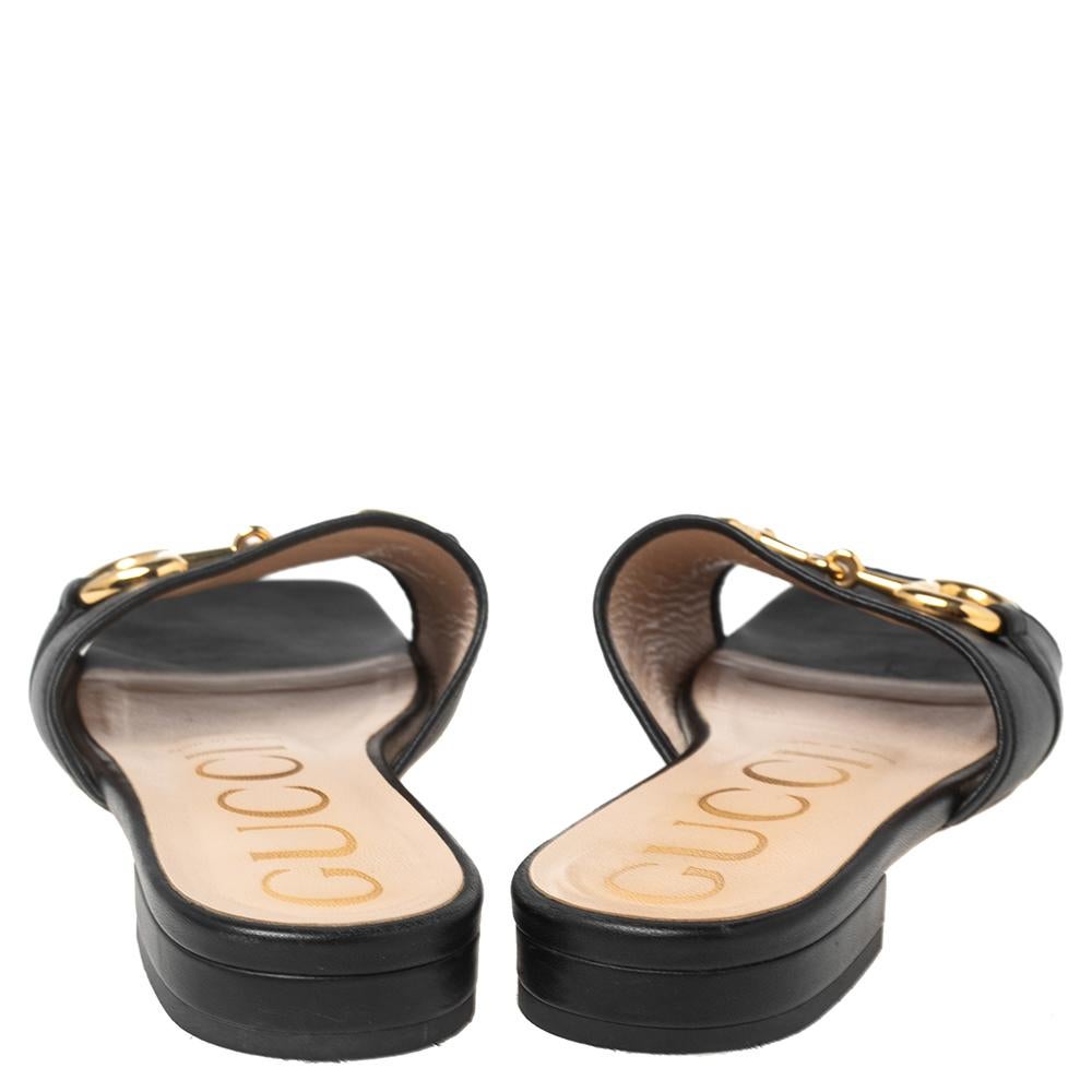 Gucci Black Leather Horsebit Flat Sandals Size 37 2