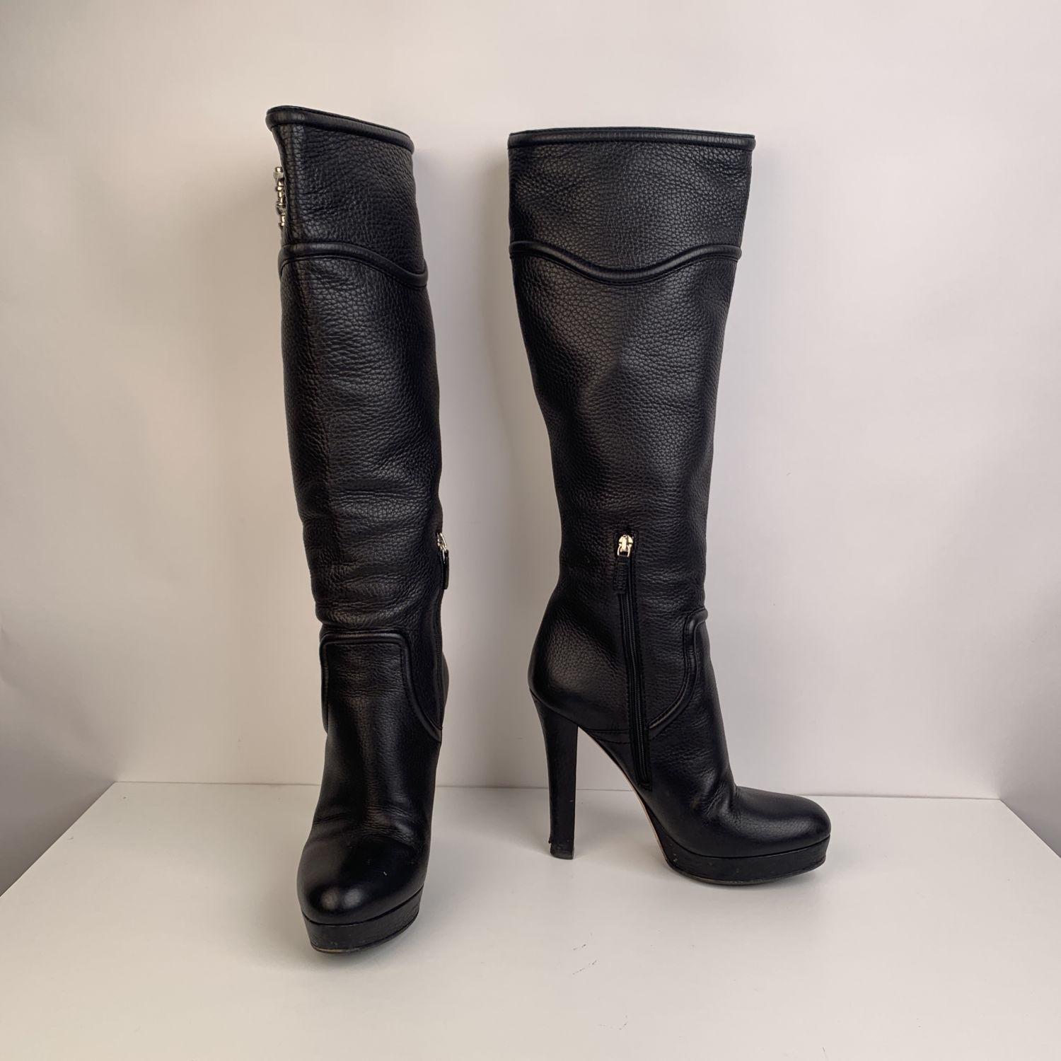 Gucci Black Leather Horsebit Heeled Platform Boots Size EU 40 In Excellent Condition In Rome, Rome