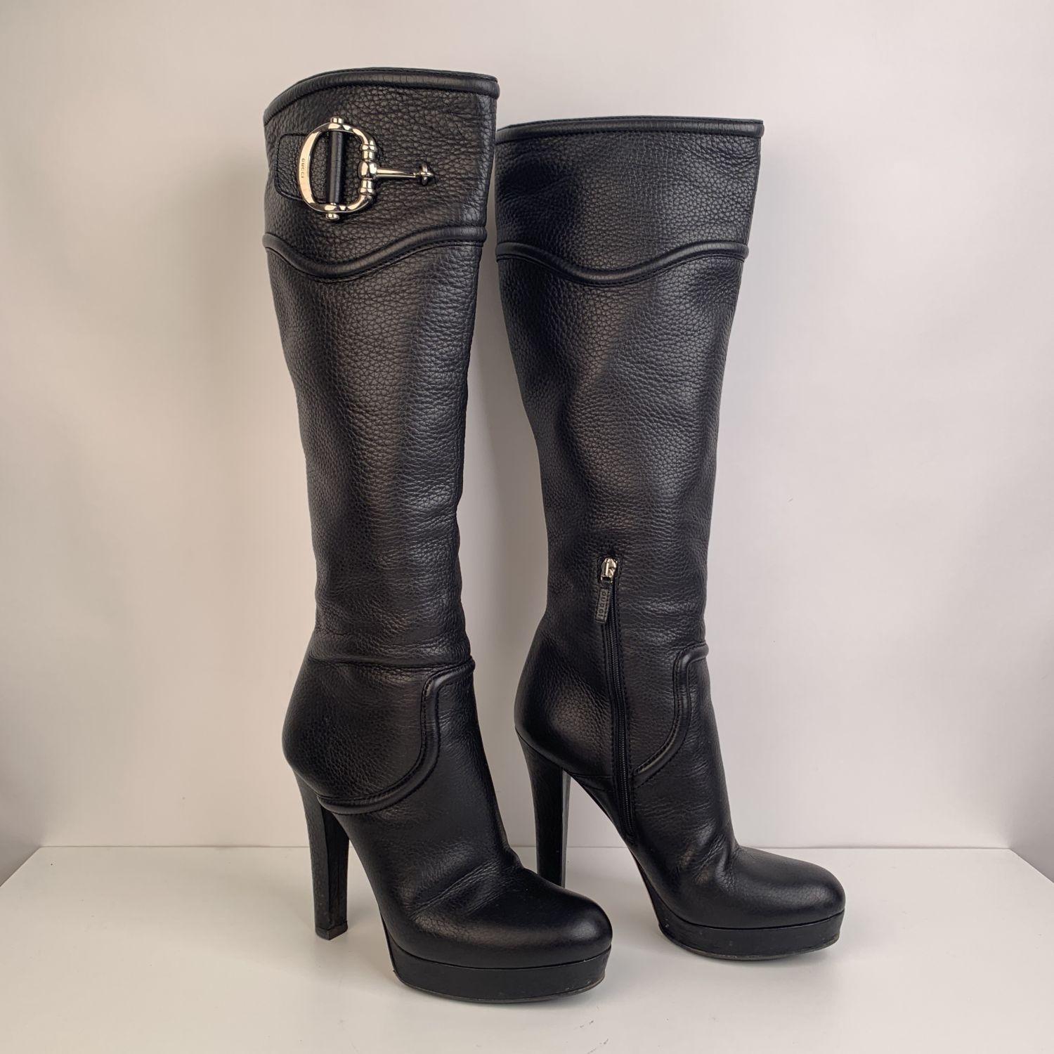 Women's Gucci Black Leather Horsebit Heeled Platform Boots Size EU 40