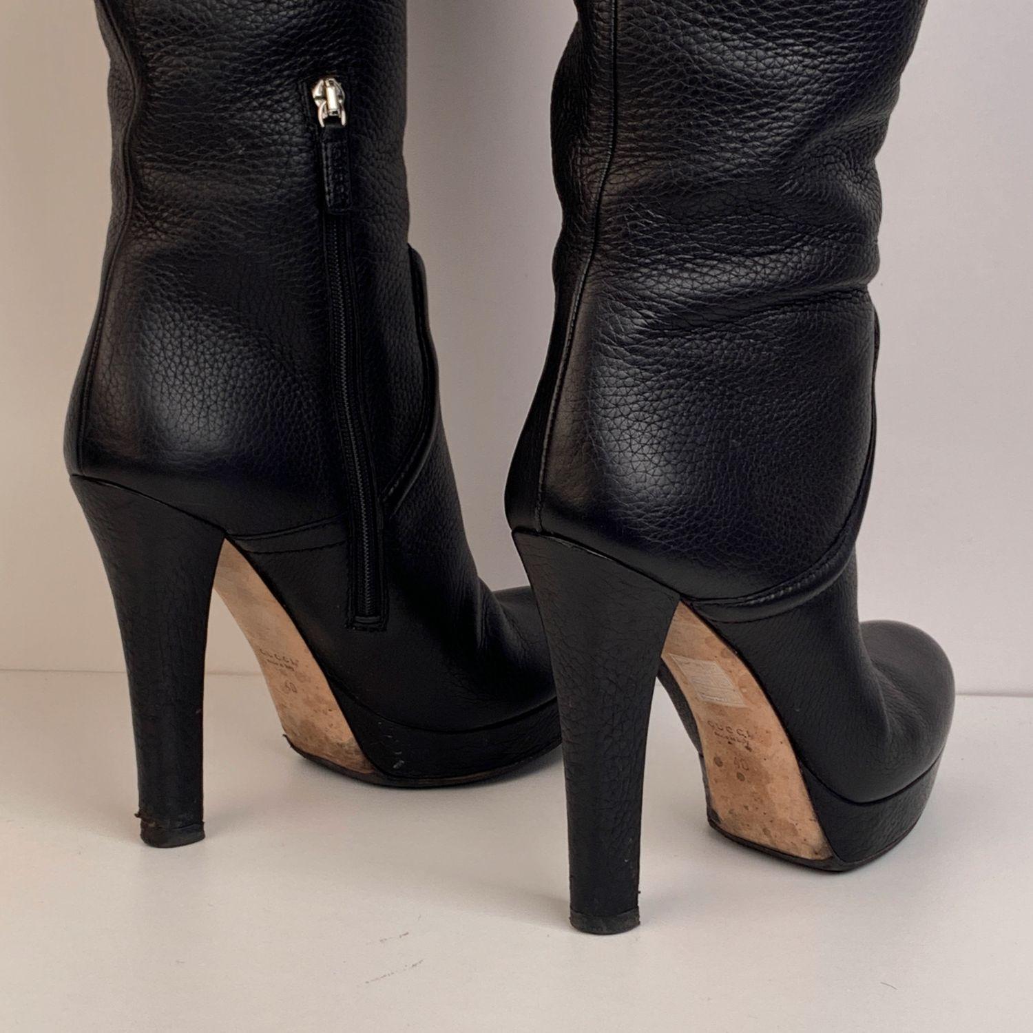 Gucci Black Leather Horsebit Heeled Platform Boots Size EU 40 3