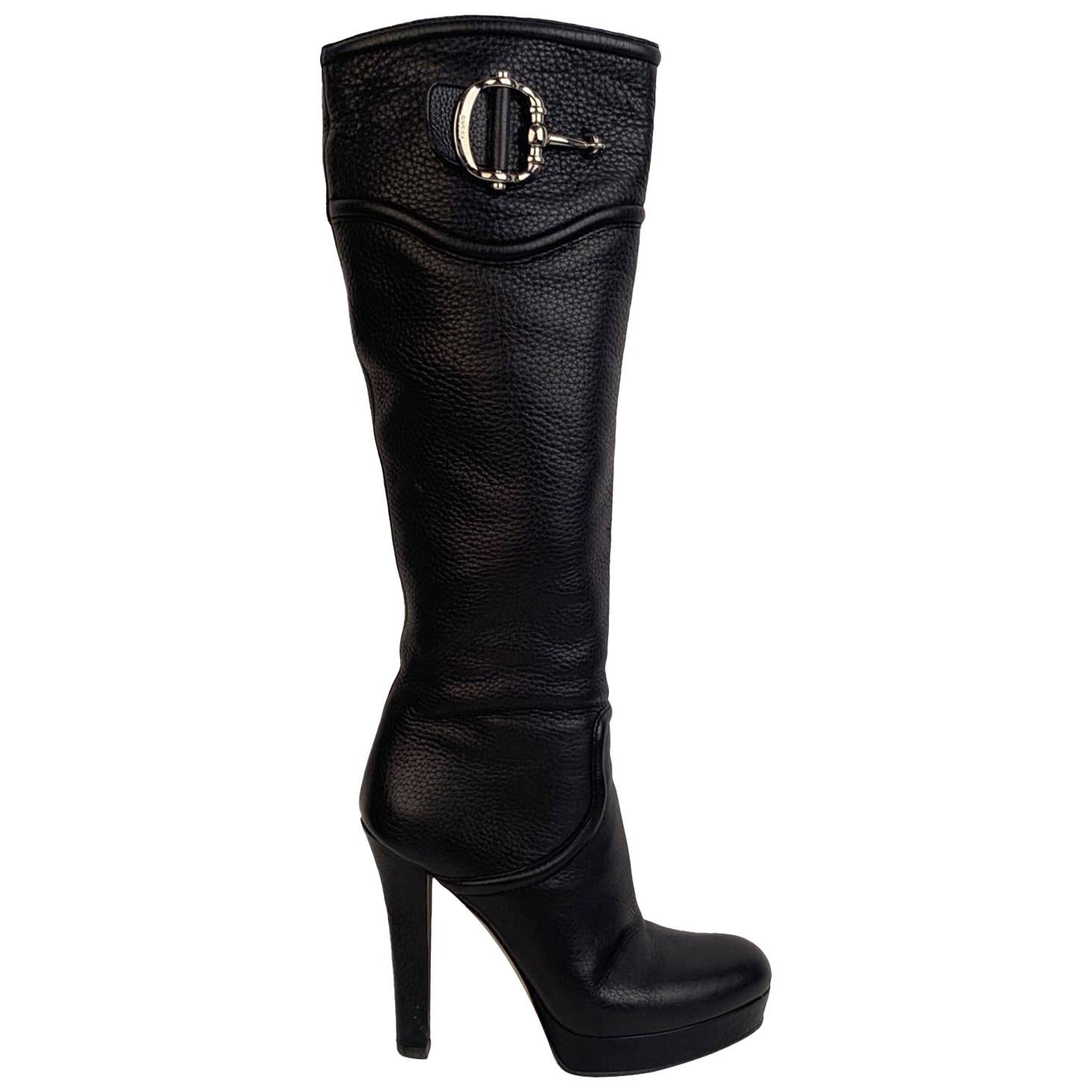 Gucci Black Leather Horsebit Heeled Platform Boots Size EU 40