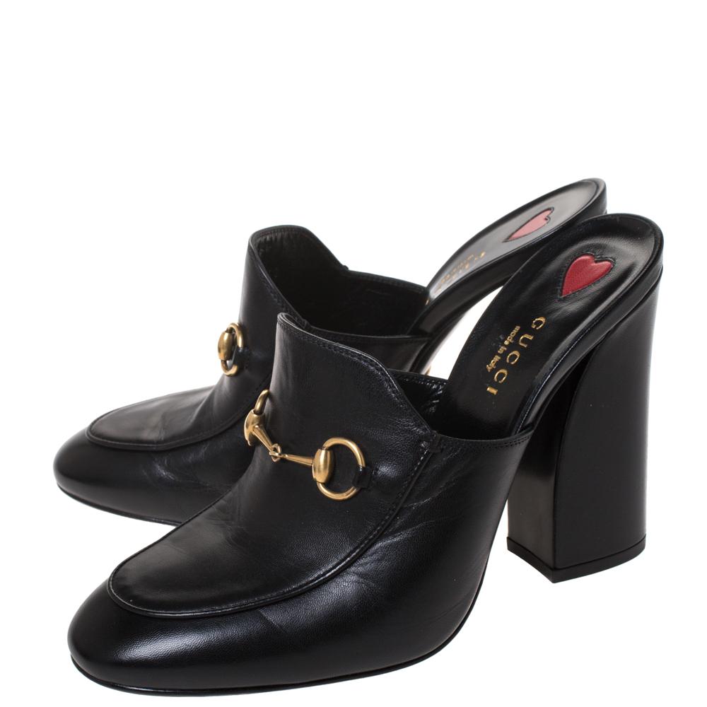 Women's Gucci Black Leather Horsebit Julie Princetown Block Heel Mules Size 38