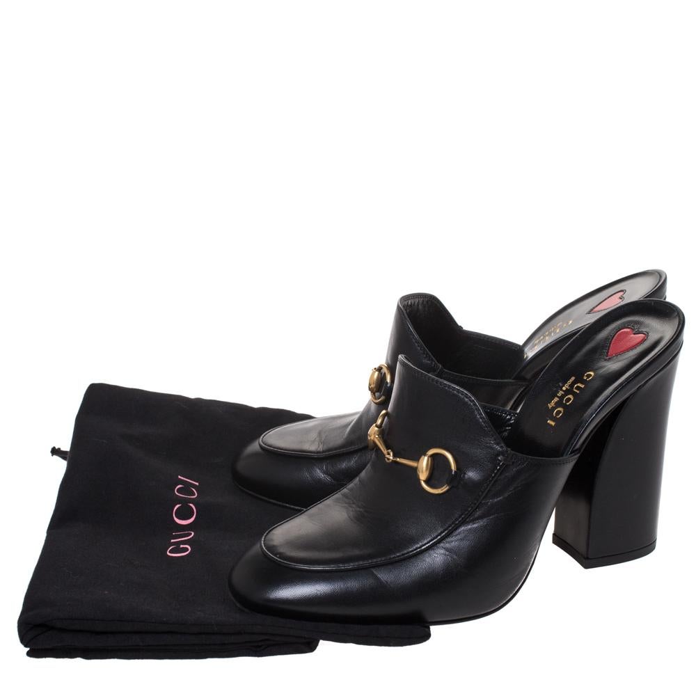Gucci Black Leather Horsebit Julie Princetown Block Heel Mules Size 38 1
