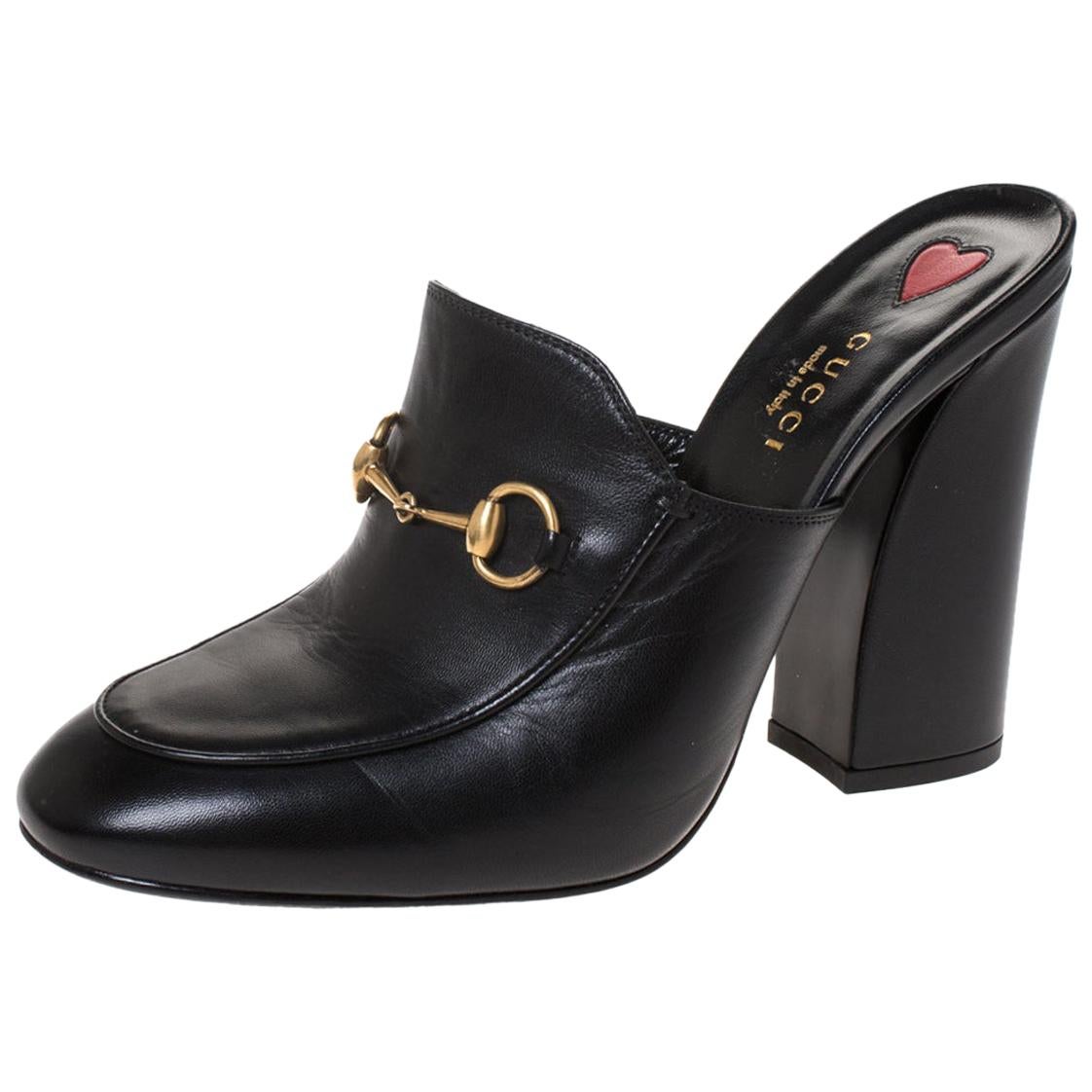 Gucci Black Leather Horsebit Julie Princetown Block Heel Mules Size 38