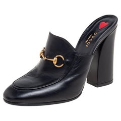 Gucci Black Leather Horsebit Julie Princetown Block Heel Mules Size 39