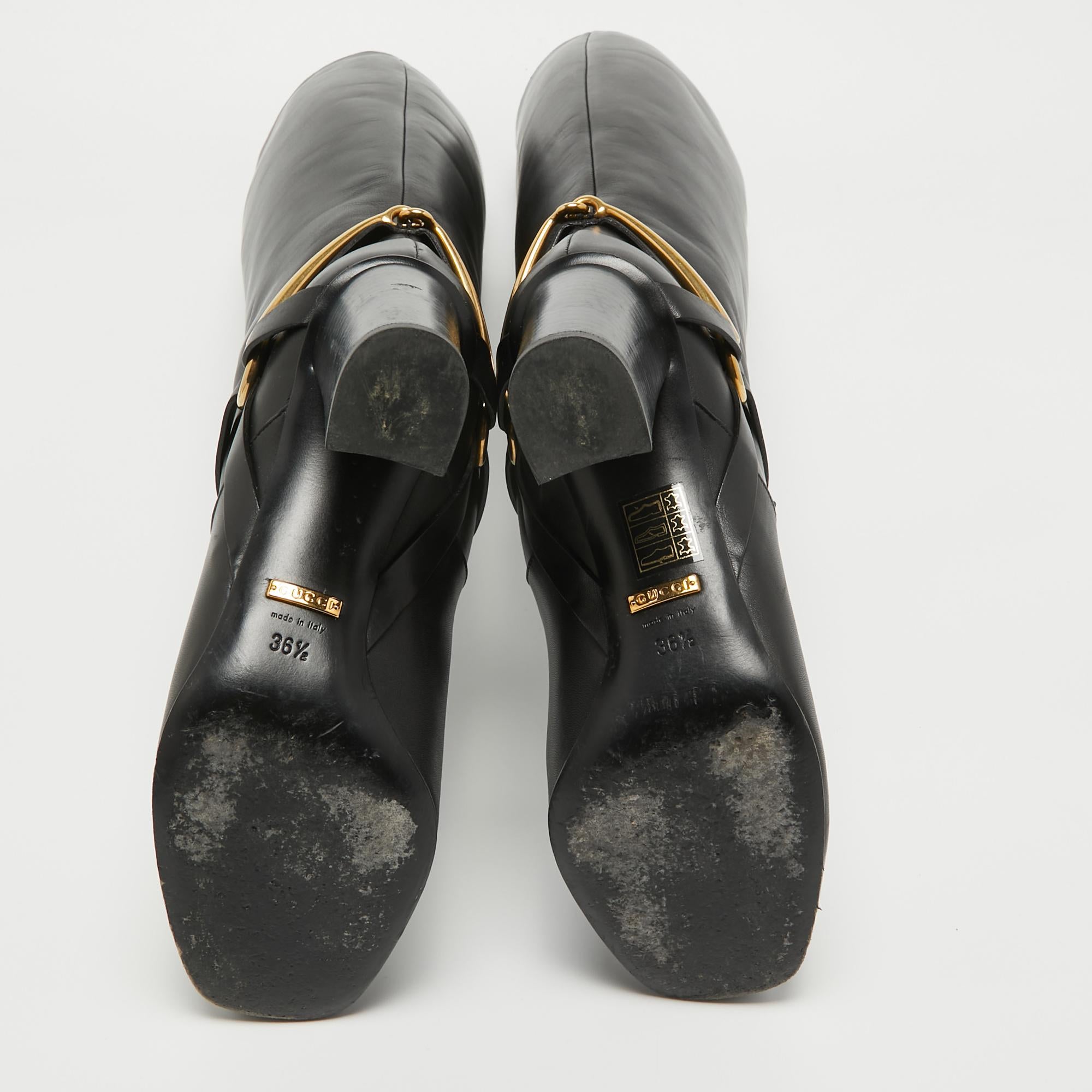 Women's Gucci Black Leather Horsebit Knee Length Boots Size 36.5 For Sale