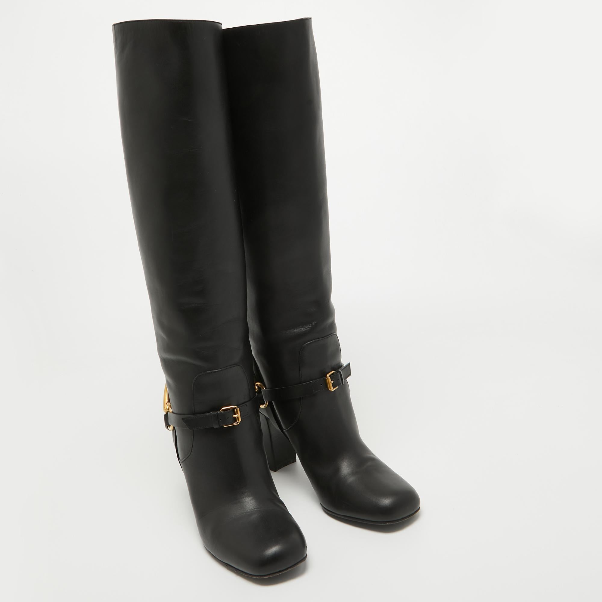 Gucci Black Leather Horsebit Knee Length Boots Size 36.5 For Sale 2