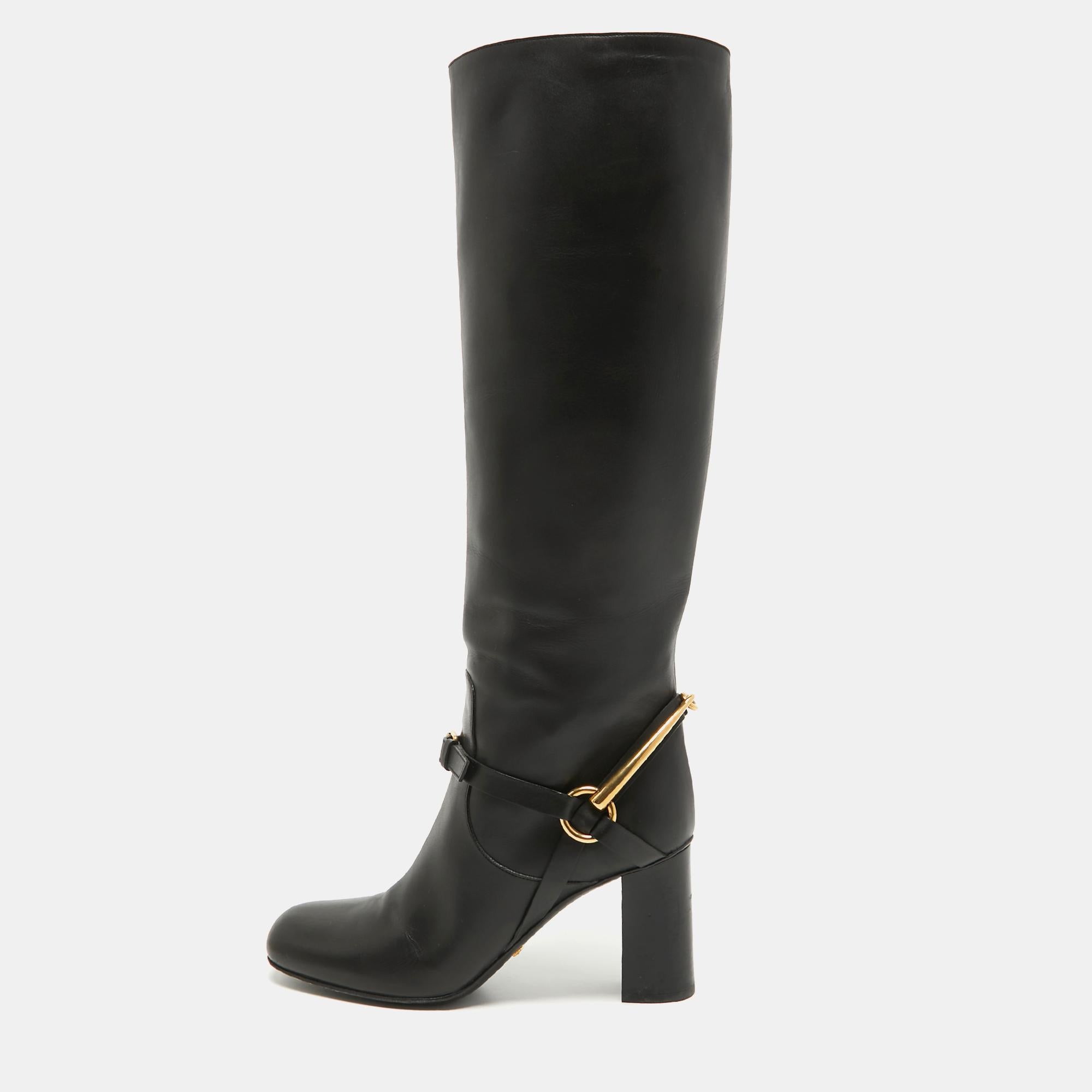 Gucci Black Leather Horsebit Knee Length Boots Size 36.5 For Sale 4