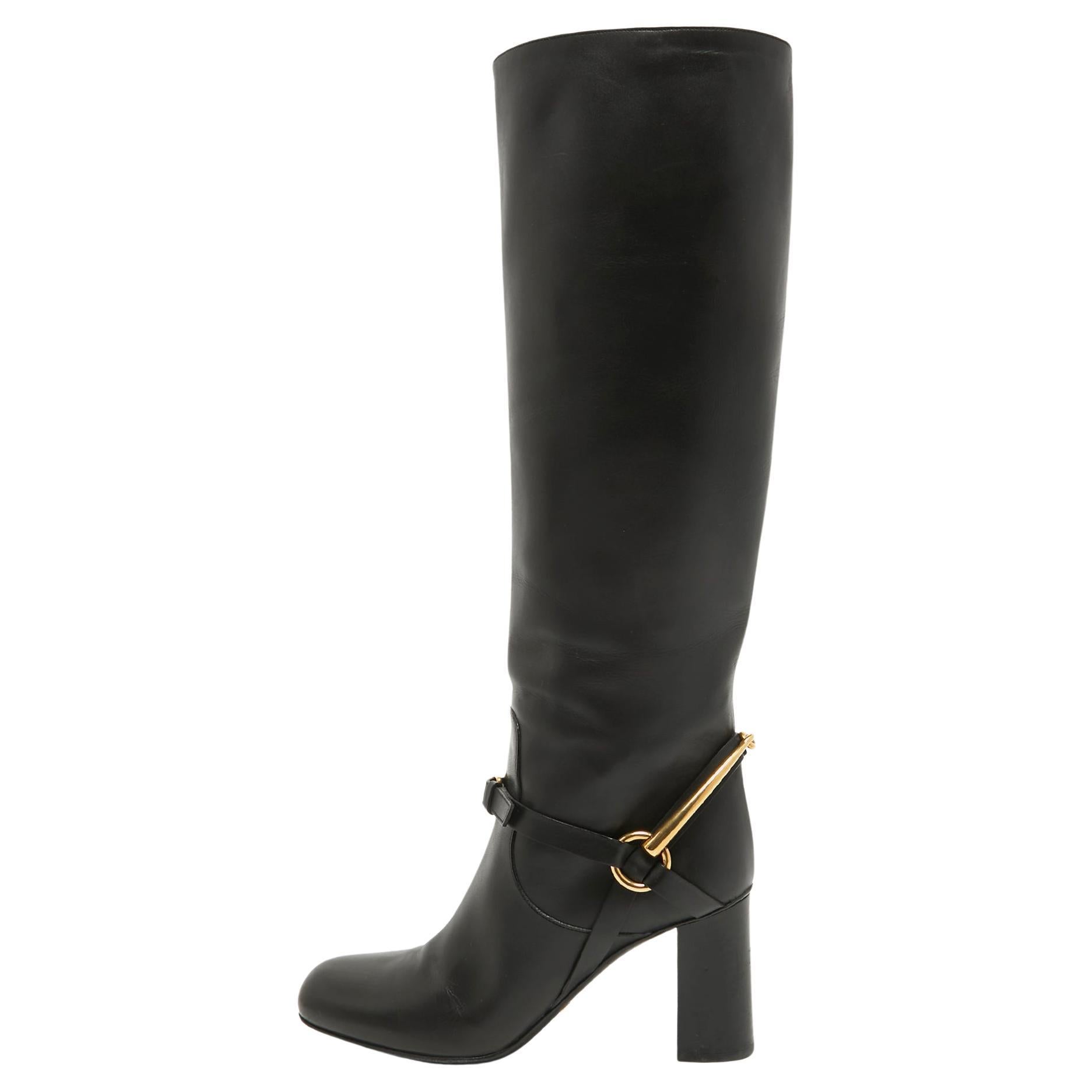 Gucci Black Leather Horsebit Knee Length Boots Size 36.5 For Sale